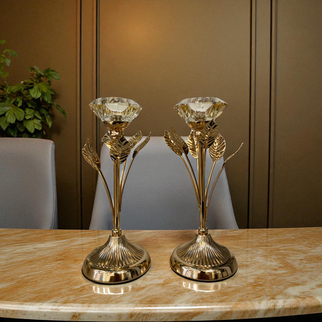 Golden Floral Crystal Candle Holders